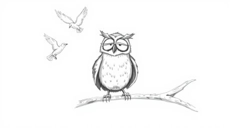 A captivating Pixar-inspired hand-drawn sketch depicts a blind owl with remarkably expressive features, guiding birds in the 