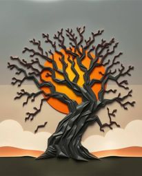 An intricate origami-style artwork depicts a sunset behind an old oak tree with twisted branches. This piece emphasizes geome