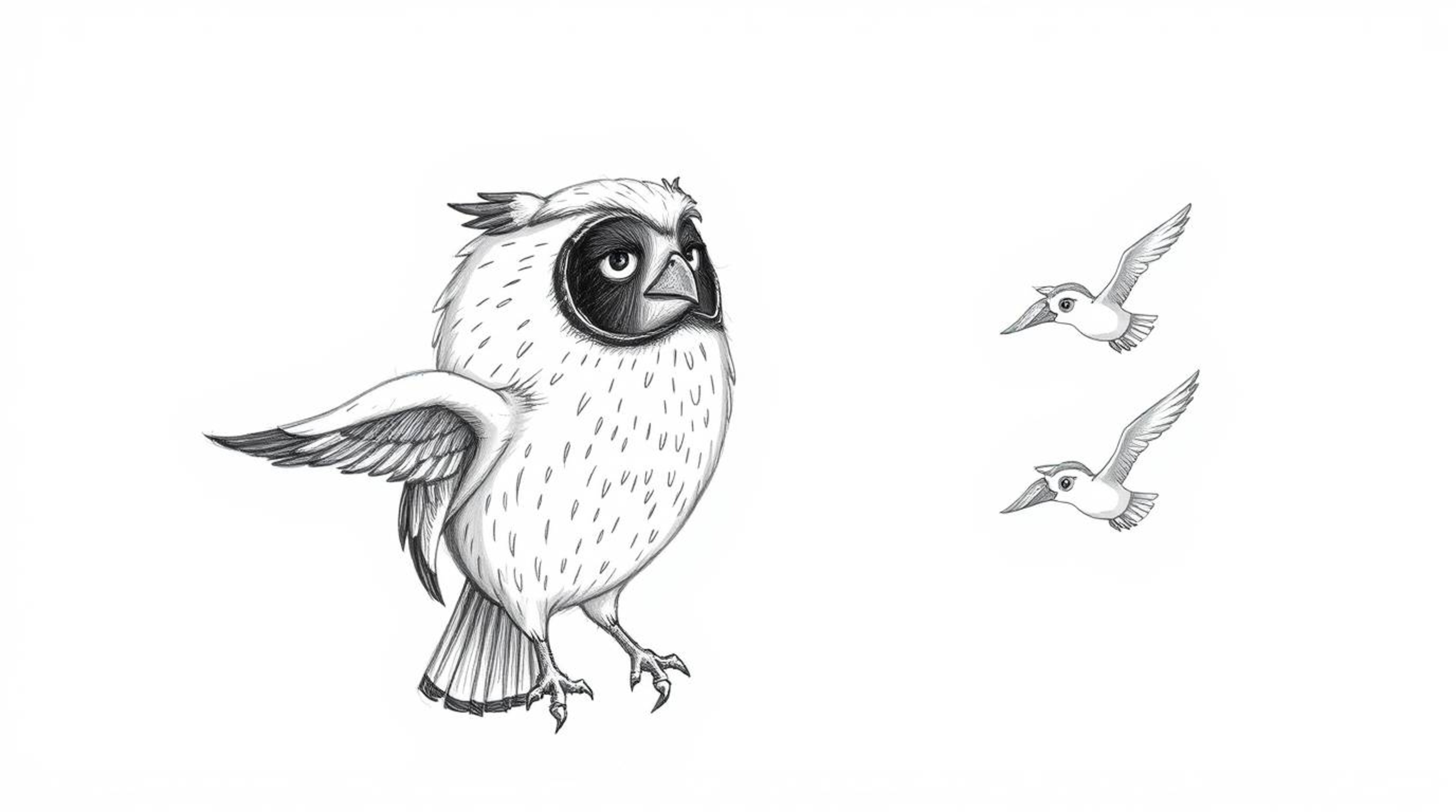A heart-warming hand-drawn sketch depicts a blind owl, rendered in a textured Pixar style, guiding birds as they learn to fly