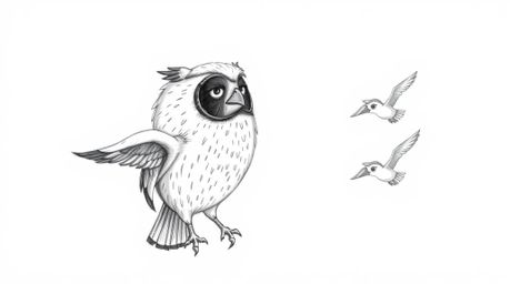 A heart-warming hand-drawn sketch depicts a blind owl, rendered in a textured Pixar style, guiding birds as they learn to fly