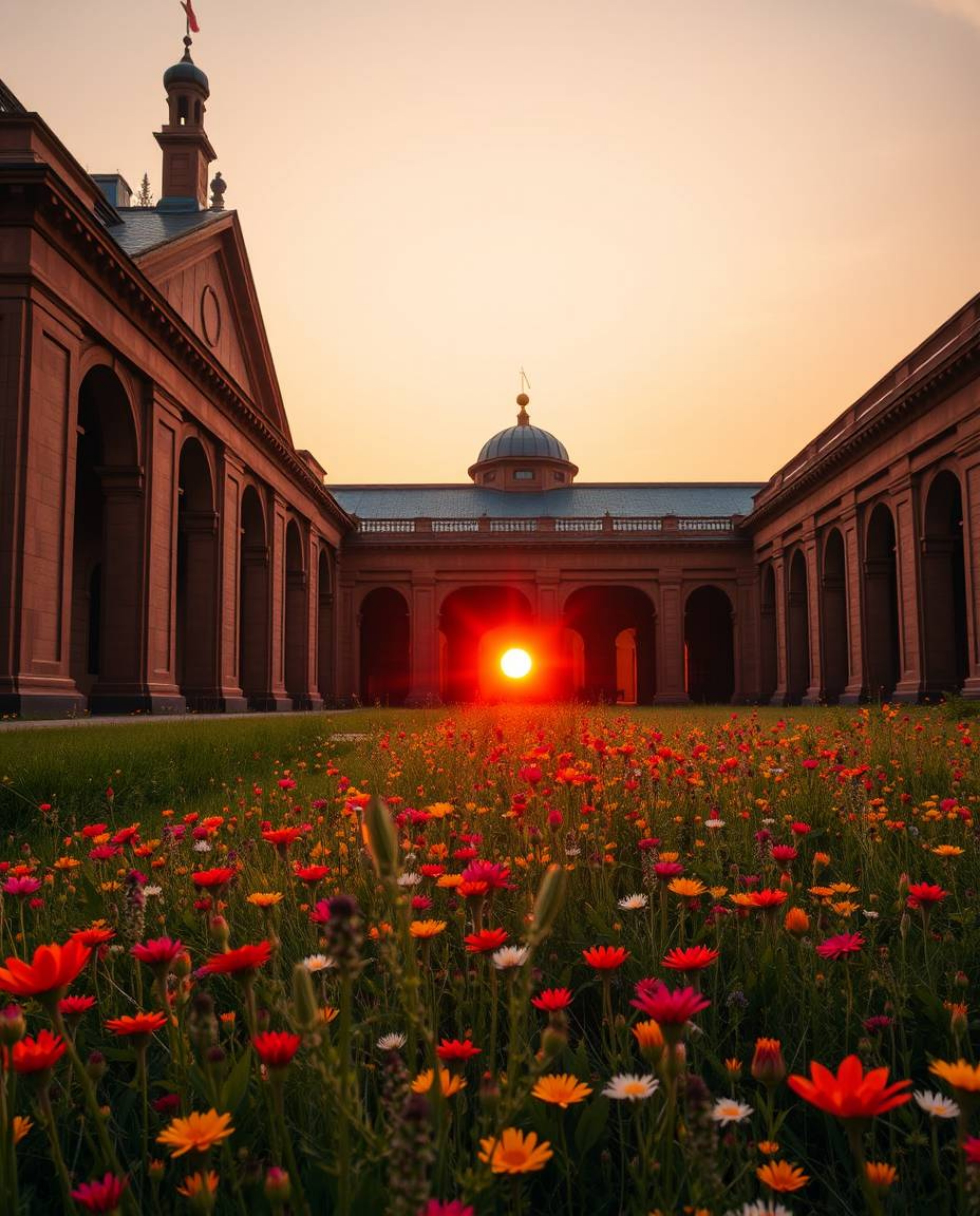 A warm and precise architectural photograph capturing a sunset over a spring wildflower meadow. This wide-angle perspective e