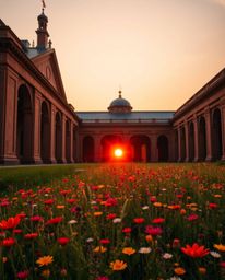 A warm and precise architectural photograph capturing a sunset over a spring wildflower meadow. This wide-angle perspective e