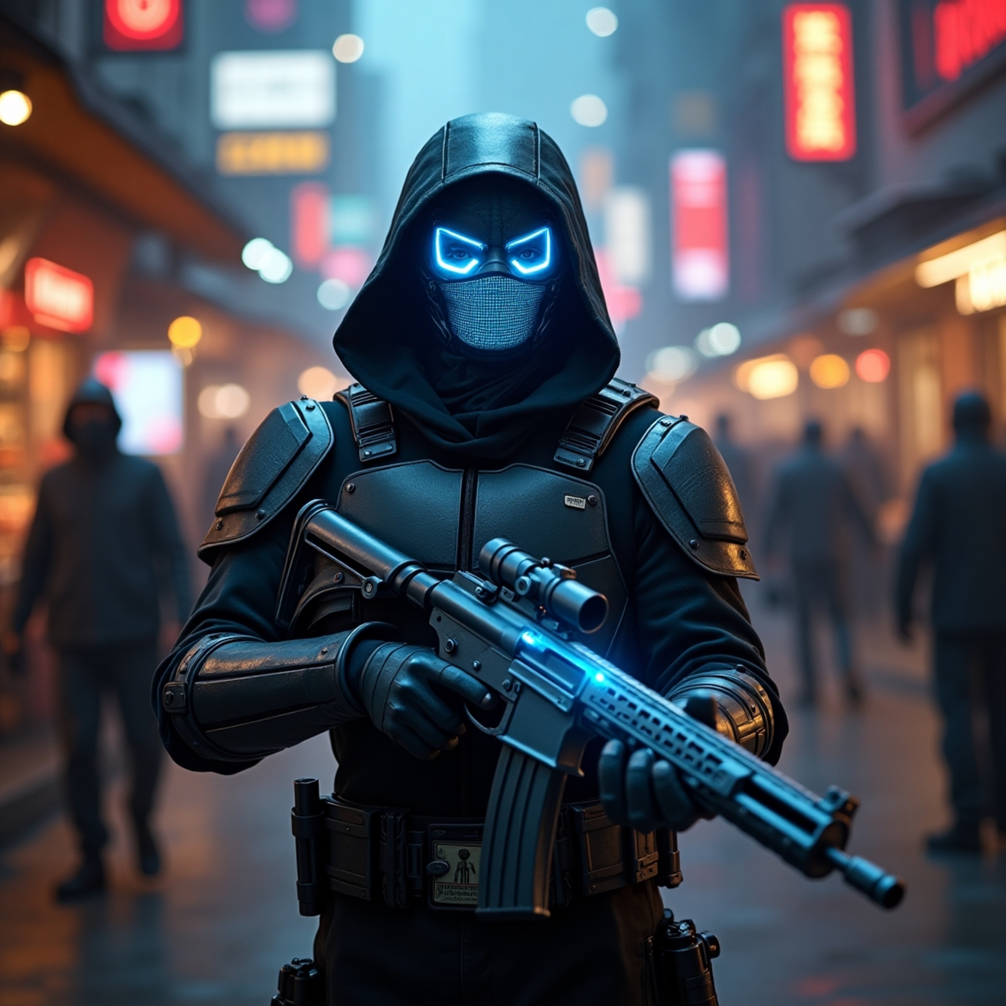 In a vibrant, yet shadowy cyberpunk marketplace, a futuristic bounty hunter commands attention. Clad in sleek black and silve
