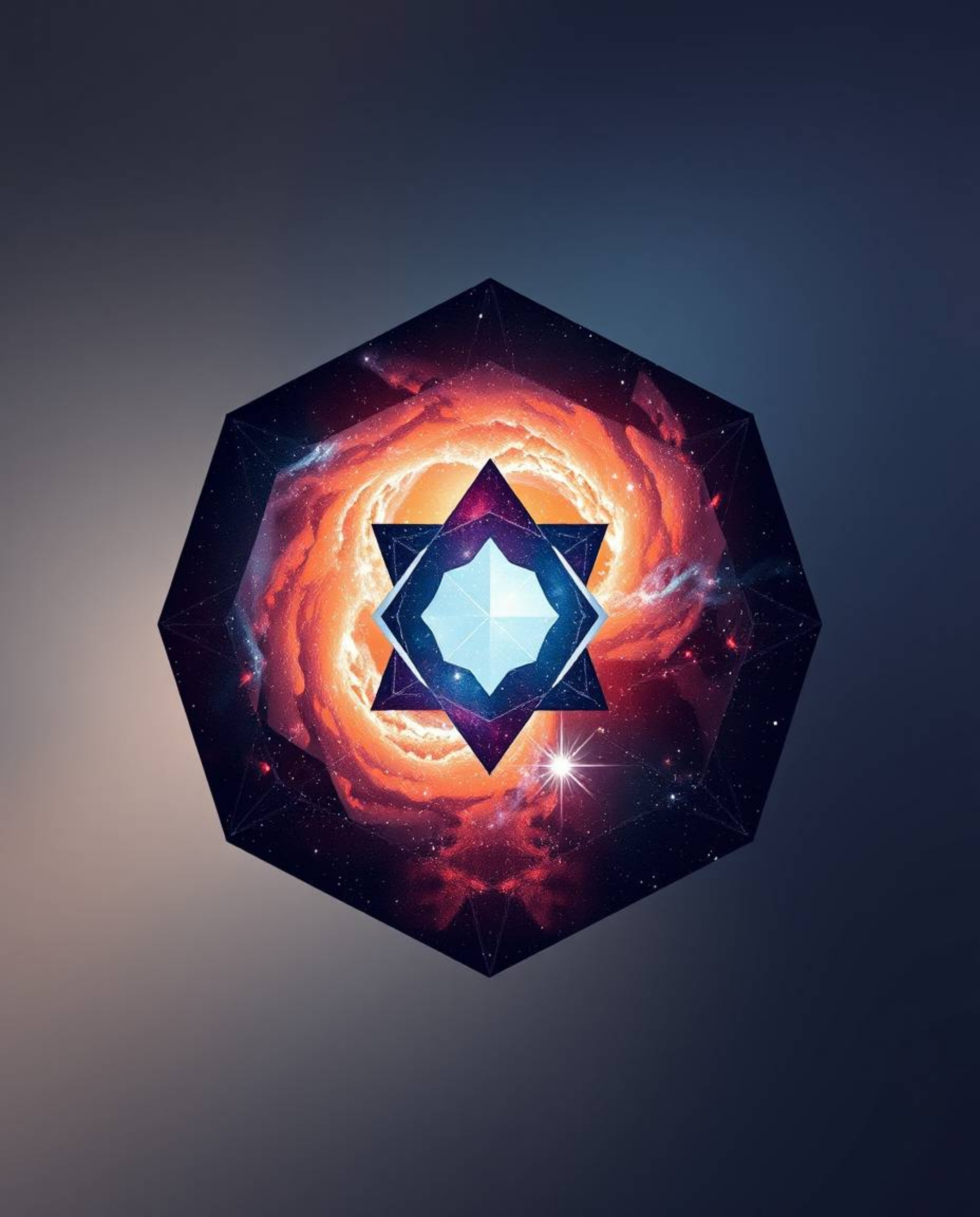 A captivating logo design featuring colliding galaxies rendered in sharp geometric shapes against a soft, dreamy background. 