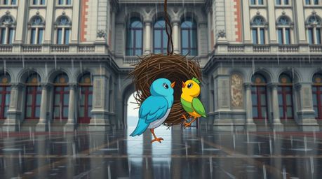 A captivating wide-angle architectural photograph depicts two cartoon birds meticulously building a nest in a classic animati
