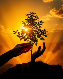 Vivid, electric colors illuminate hands planting a tree beneath a stunning golden sky. This captivating image showcases volum