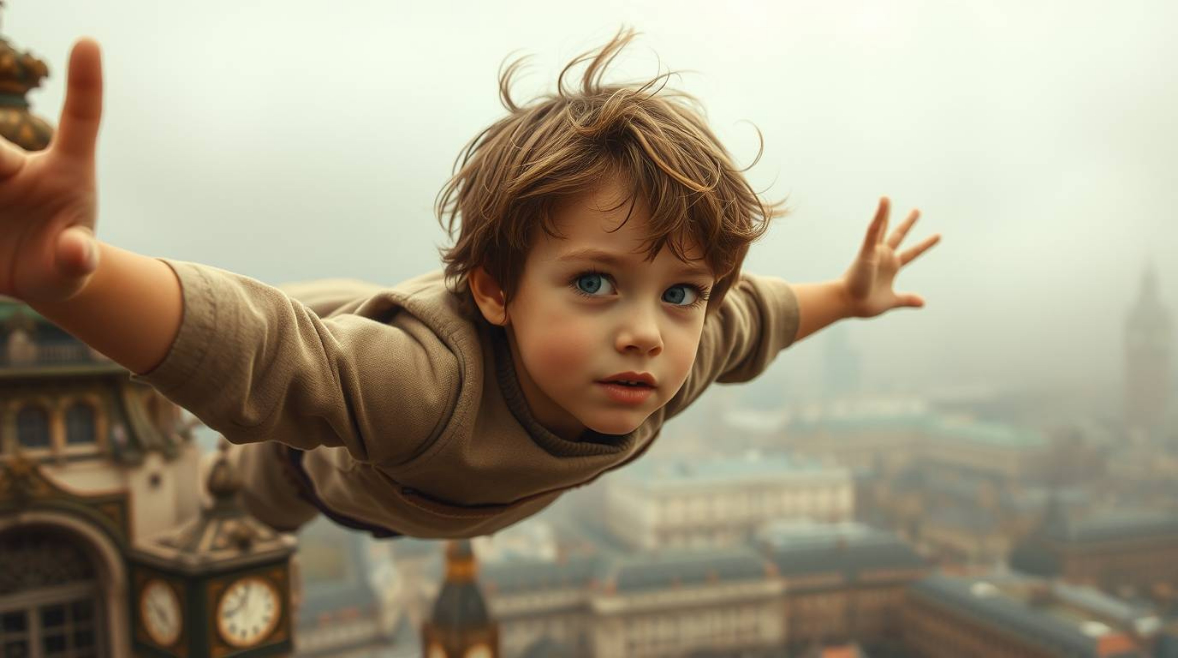 A young boy with fair skin and tousled hair soars above London, enveloped in a dreamlike atmosphere. Rendered in natural eart