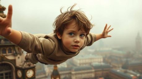 A young boy with fair skin and tousled hair soars above London, enveloped in a dreamlike atmosphere. Rendered in natural eart