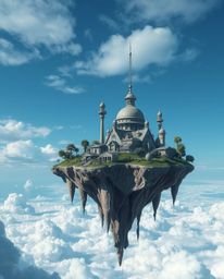This collection features high-resolution stock photos of a surreal floating island adorned with strange and captivating archi