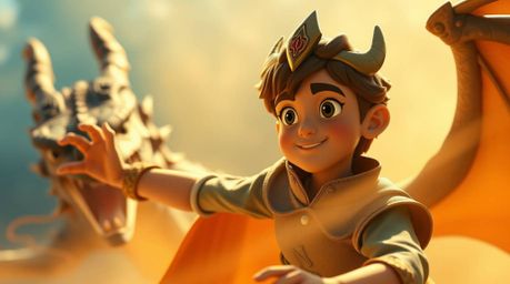 A charming prince, depicted in a captivating 1950s animation style, bravely confronts a fearsome dragon.  Volumetric lighting