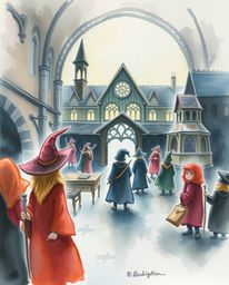 A captivating watercolor painting depicts a magical school brimming with young wizards.  The artwork showcases translucent wa