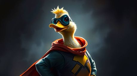 This digital painting features a duck in a zany superhero costume, rendered with contrasting chiaroscuro lighting and bright,