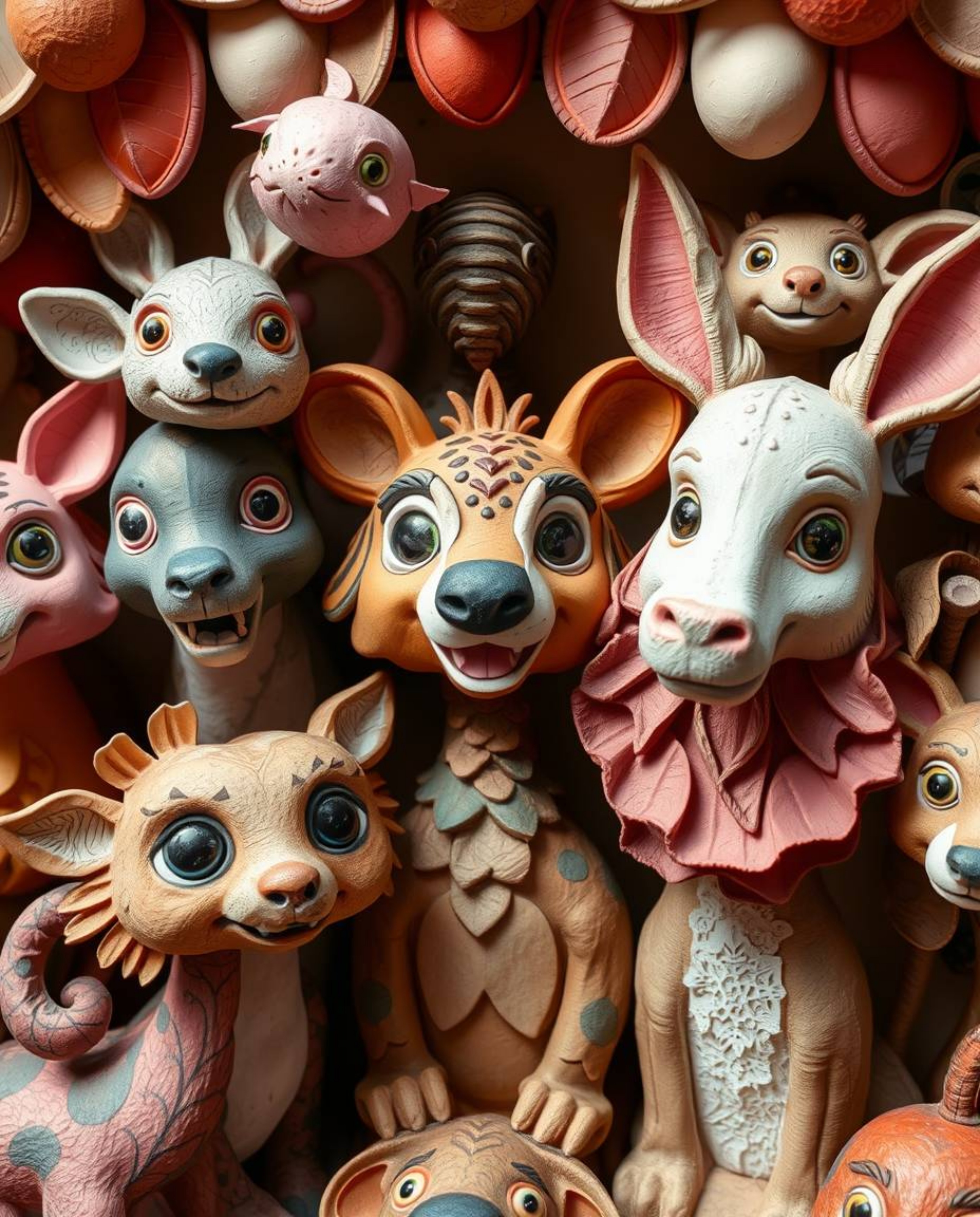 Immerse yourself in a whimsical world where layered papier-mâché meets a vibrant carnival overtaken by adorable wild animals.