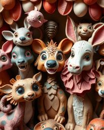 Immerse yourself in a whimsical world where layered papier-mâché meets a vibrant carnival overtaken by adorable wild animals.