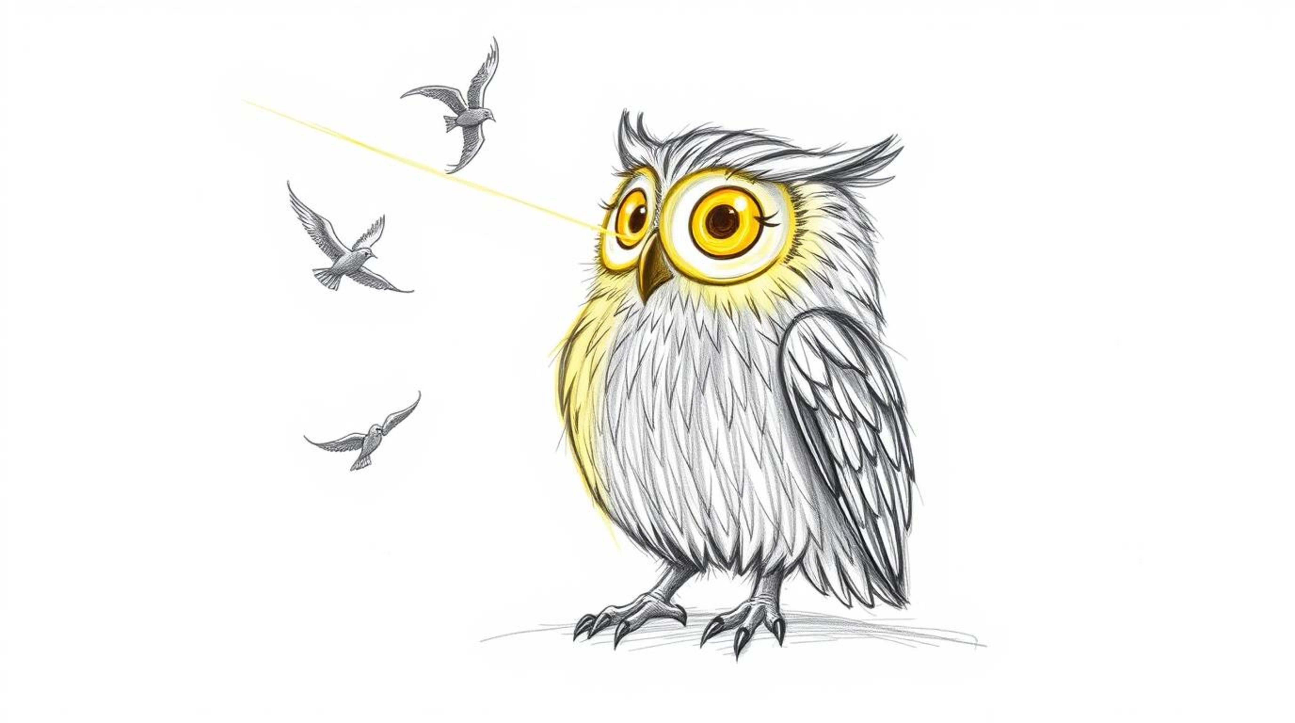 A heartwarming hand-drawn sketch in the style of Pixar depicts a blind owl with radiant, glowing feathers illuminated by a si