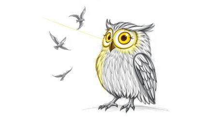 A heartwarming hand-drawn sketch in the style of Pixar depicts a blind owl with radiant, glowing feathers illuminated by a si