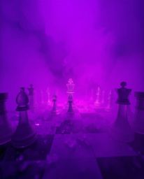 A captivating image featuring a chessboard suspended in a moment of frozen destruction, pieces caught mid-air against a backd