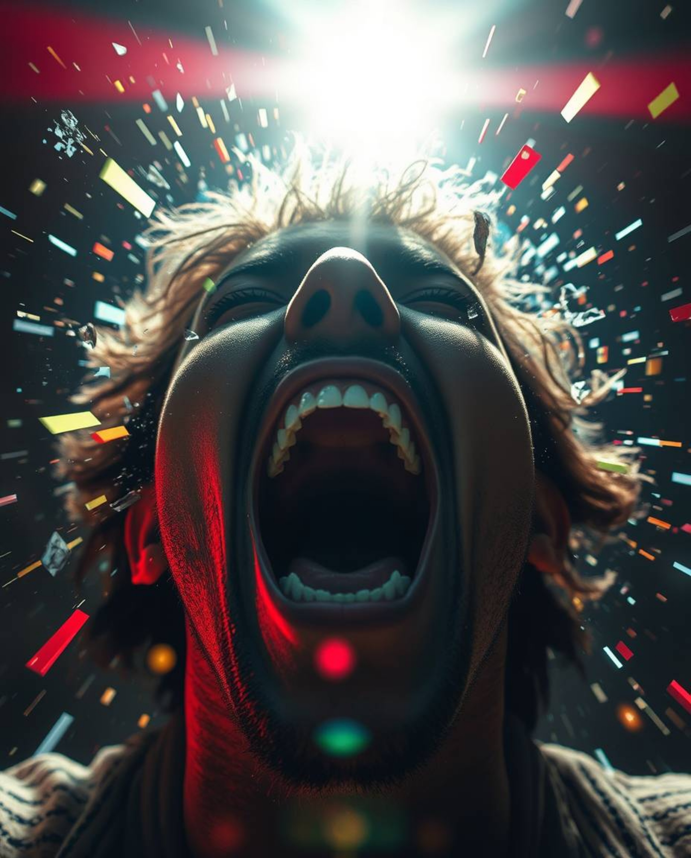Witness a visceral digital breakdown as a person screams amidst a world shattering into pixels. A bright lens flare illuminat