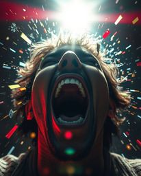 Witness a visceral digital breakdown as a person screams amidst a world shattering into pixels. A bright lens flare illuminat