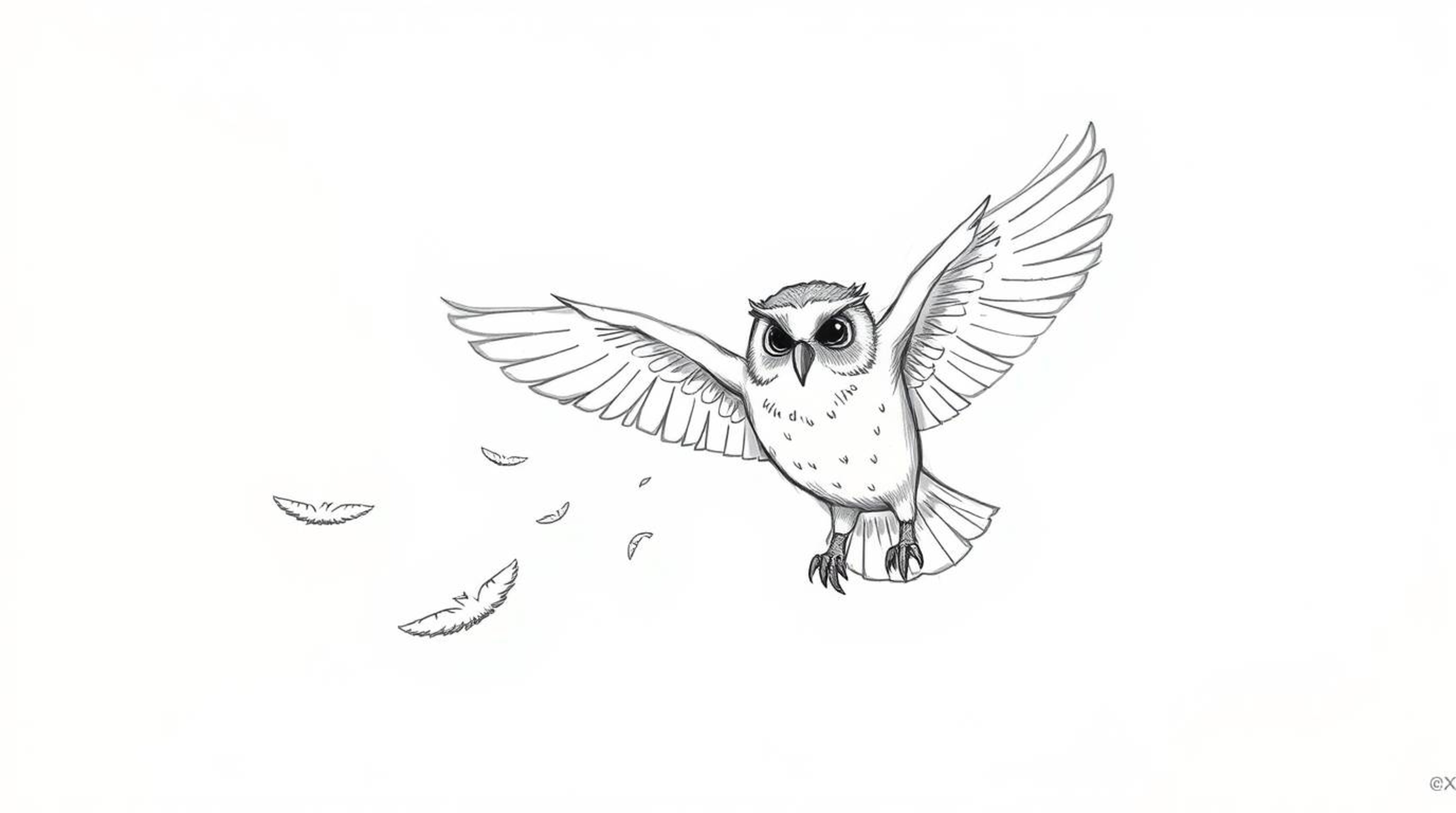 A heartwarming hand-drawn sketch in the style of Pixar depicts a blind owl, its soft feathers ruffled in mid-air, gently guid