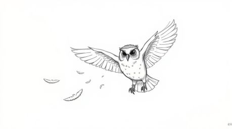 A heartwarming hand-drawn sketch in the style of Pixar depicts a blind owl, its soft feathers ruffled in mid-air, gently guid