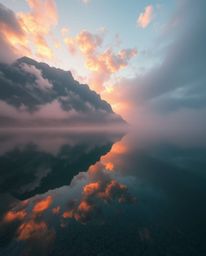 A high-resolution stock photo captures a dreamy atmosphere, depicting the reflections of fiery clouds in a mountain lake. The