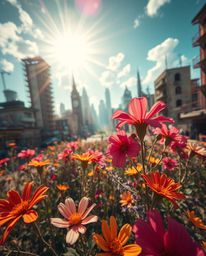 A captivating bird's-eye view captures vibrant flowers blooming amidst the ruins of a post-apocalyptic city.  Bright lens fla
