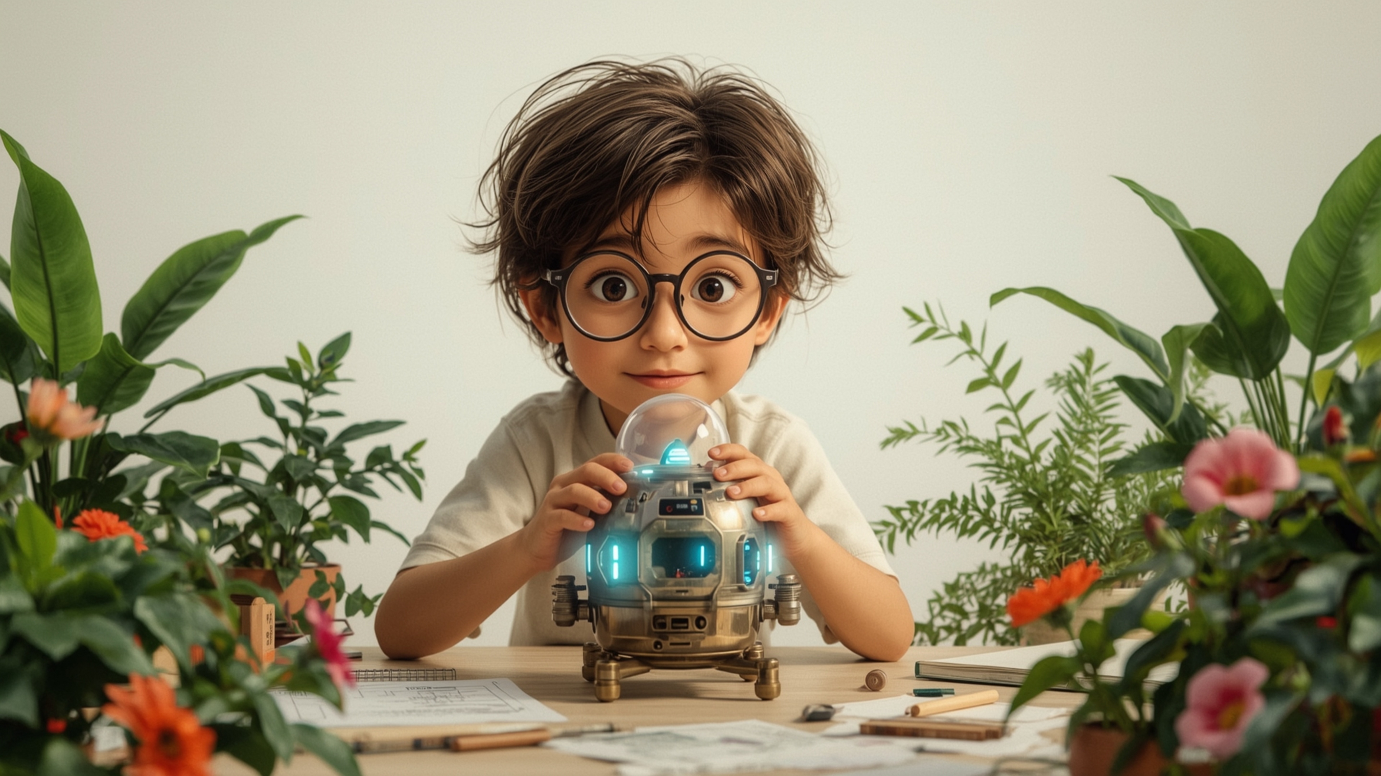 A highly detailed, high-resolution stock photo features a bright-eyed, bespectacled young genius with a Pixar-inspired charac