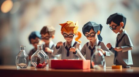 A captivating image showcasing a group of quirky children in school uniforms engrossed in scientific experiments.  The sharp 