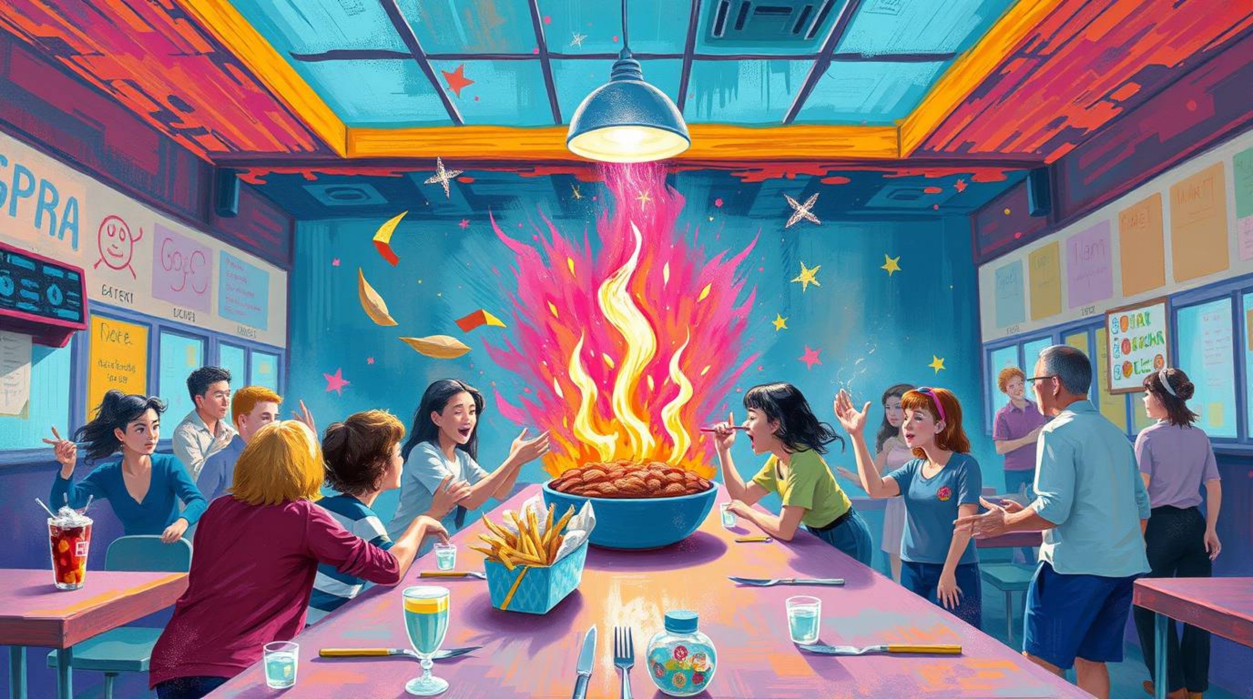 A bold and vibrant acrylic painting depicting a chaotic yet ethereal cartoon cafeteria food fight. The artwork evokes a spiri