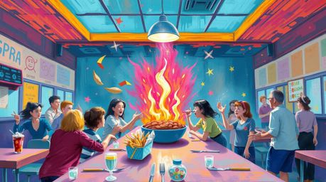 A bold and vibrant acrylic painting depicting a chaotic yet ethereal cartoon cafeteria food fight. The artwork evokes a spiri