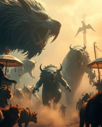 Experience a thrilling visual spectacle where a modern futuristic carnival has been dramatically overtaken by massive wild an