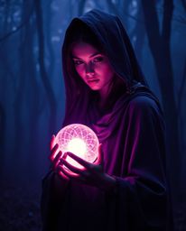 A captivating scene unfolds in a misty forest, showcasing a graceful cloaked figure holding a glowing orb. The image is rich 