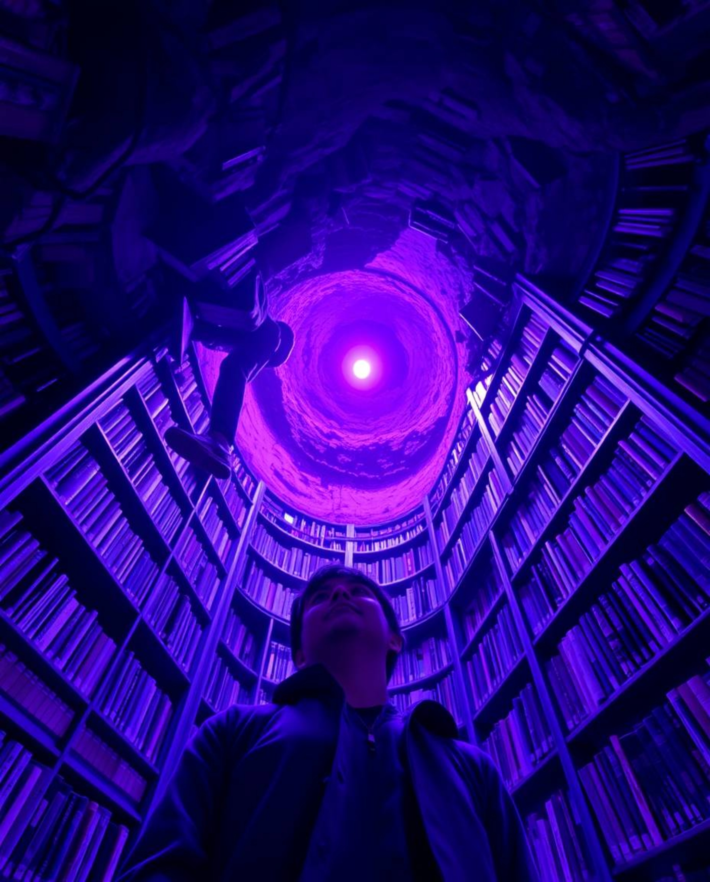 A captivating low-angle image showcasing a person's awe-filled discovery of a hidden underground library. Bathed in deep ultr