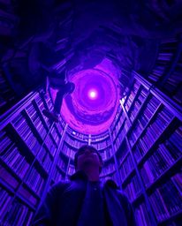 A captivating low-angle image showcasing a person's awe-filled discovery of a hidden underground library. Bathed in deep ultr