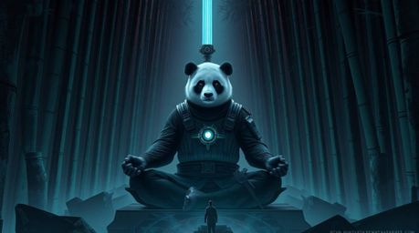 Explore a futuristic sci-fi illustration featuring a meditating panda martial artist nestled within a dark and eerie bamboo f
