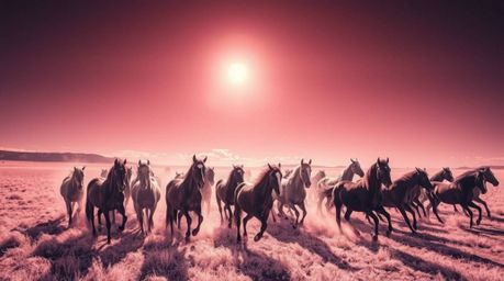 A captivating surreal infrared photograph depicts a herd of wild horses galloping under a vibrant, glowing sky.  The dramatic
