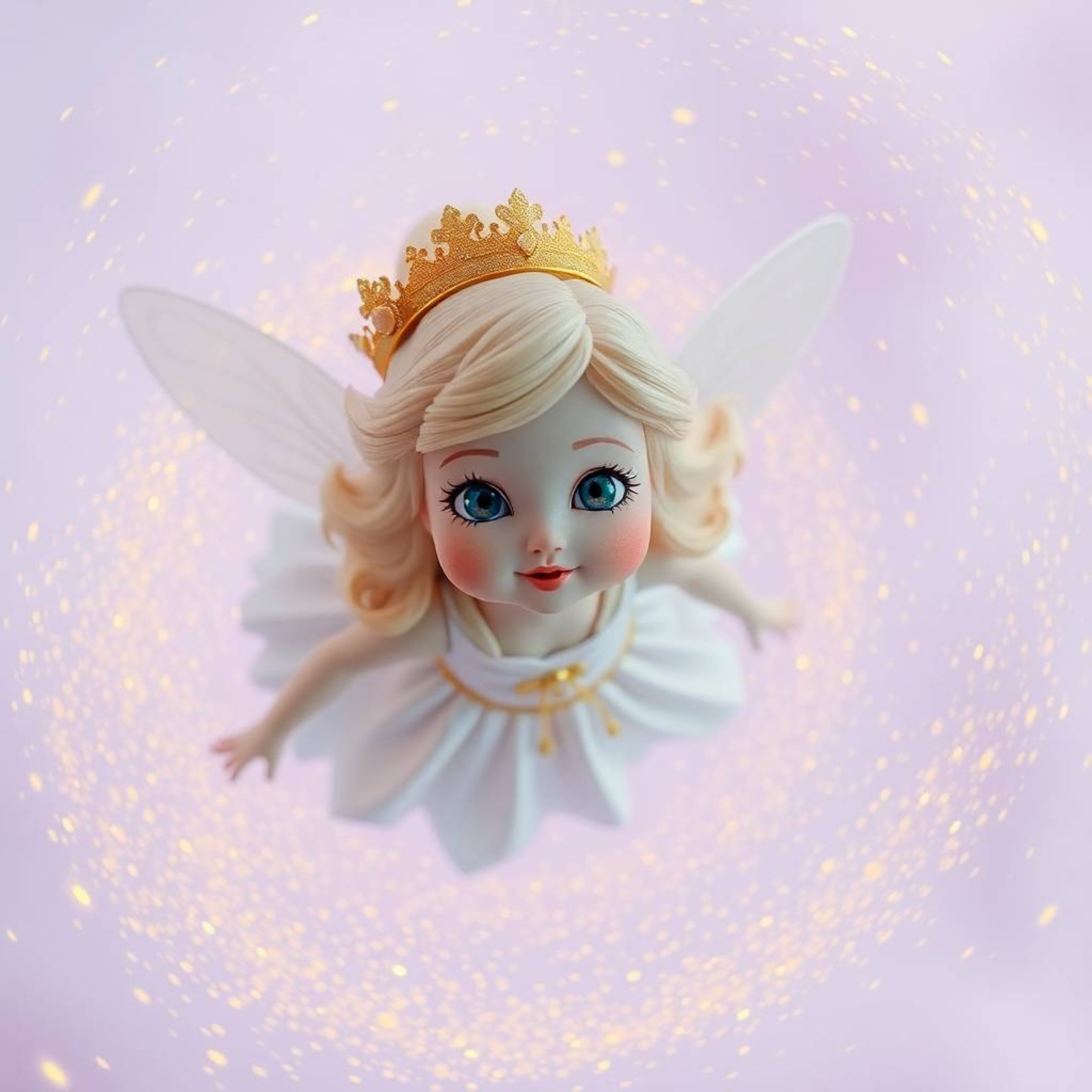 A benevolent fairy godmother with kind eyes and rosy cheeks emerges from a swirling vortex of golden sparkles against a soft 