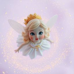 A benevolent fairy godmother with kind eyes and rosy cheeks emerges from a swirling vortex of golden sparkles against a soft