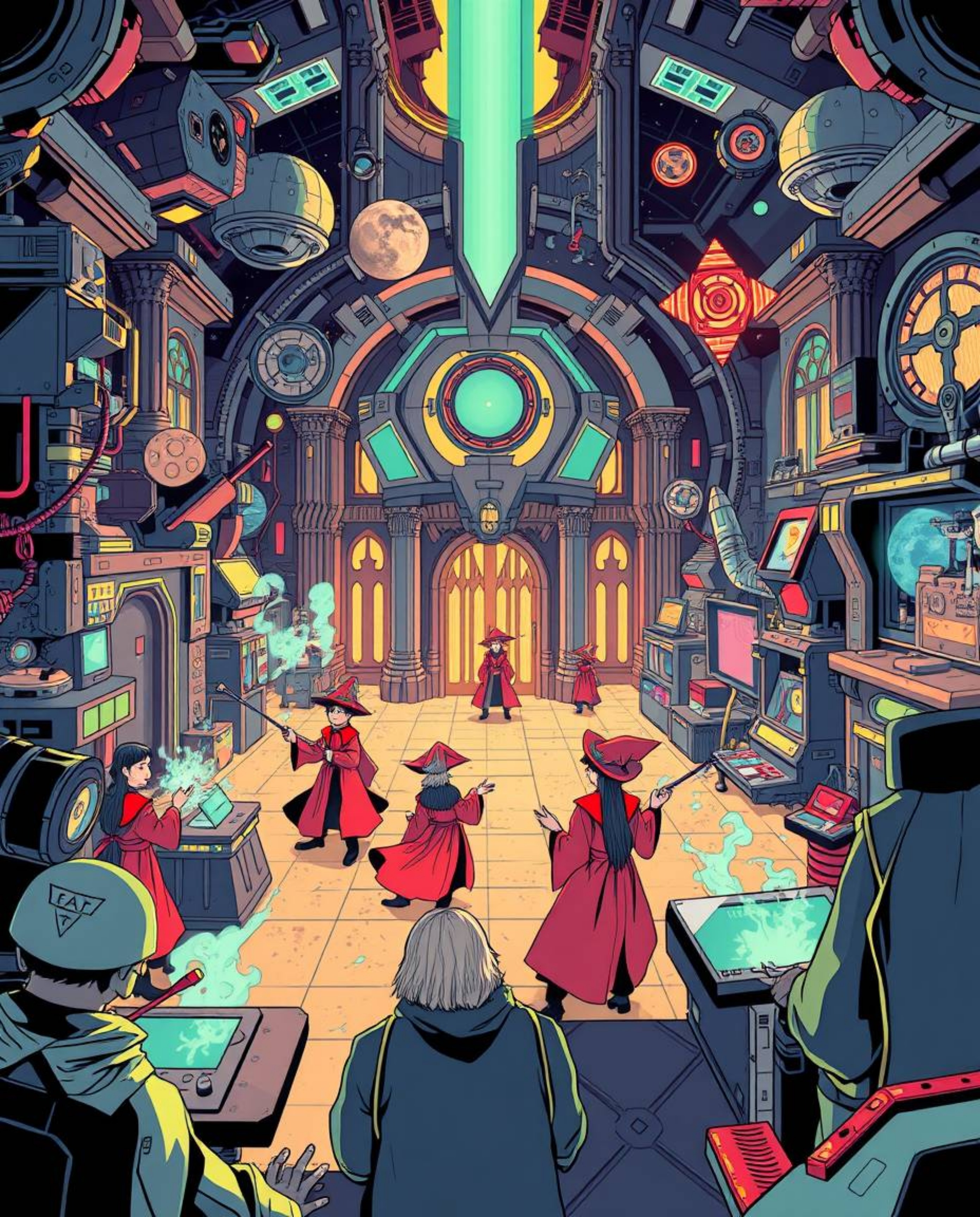 Immerse yourself in a distinct futuristic sci-fi illustration featuring a magical school brimming with young wizards, advance