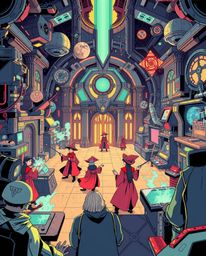 Immerse yourself in a distinct futuristic sci-fi illustration featuring a magical school brimming with young wizards, advance