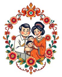 Experience a heartwarming Pixar-style family reunion depicted in a symbolic, traditional tattoo-style print. This vibrant art