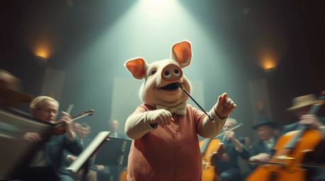 A captivating long-exposure photograph depicts a pig character dramatically conducting an orchestra.  The image utilizes moti