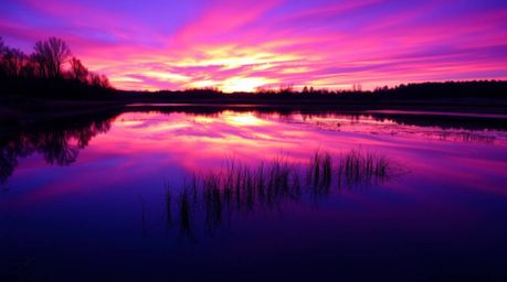 A captivating image showcases the reflection of a vibrant sunset in a tranquil pond.  Rendered in deep ultraviolet tones, the