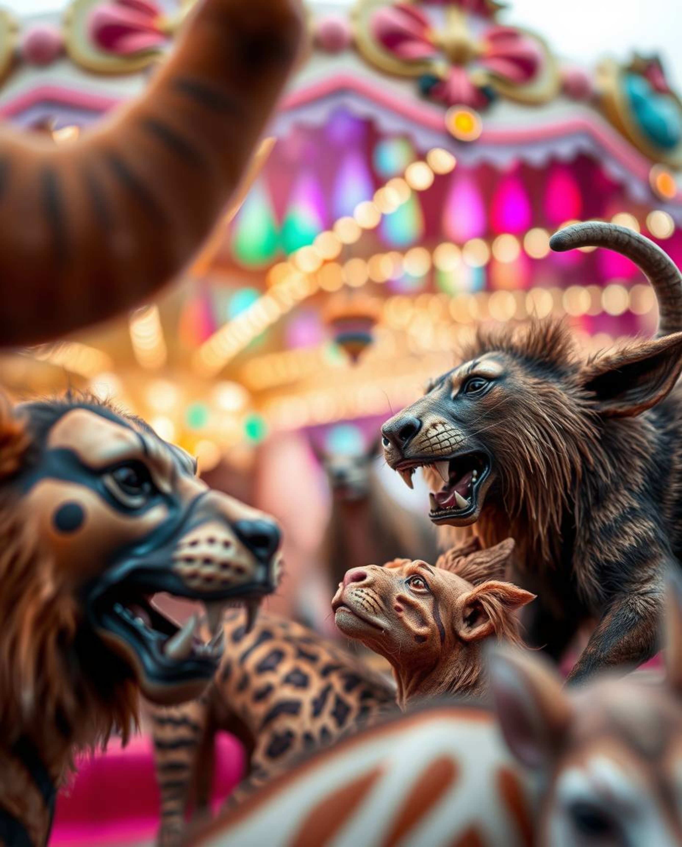 This image captures an extreme macro close-up of a carnival that has been dramatically transformed by wild animals. The photo