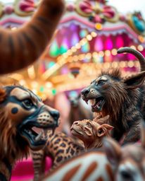 This image captures an extreme macro close-up of a carnival that has been dramatically transformed by wild animals. The photo