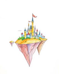 Explore a vibrant, hand-drawn kingdom featuring floating islands and majestic castles, rendered with smooth gradient transiti
