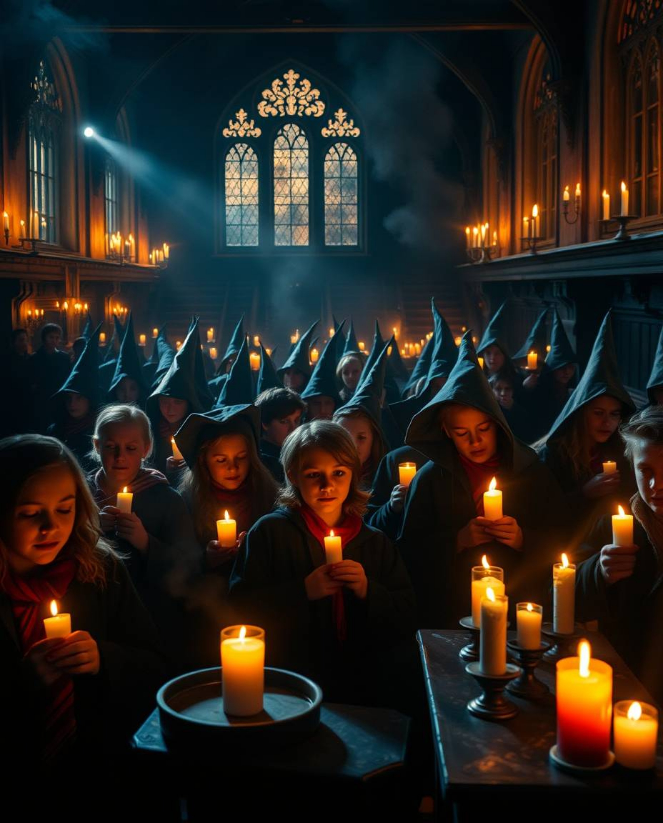 Discover a captivating cinematic scene of a magical school brimming with young wizards. Warm candlelight and flickering flam