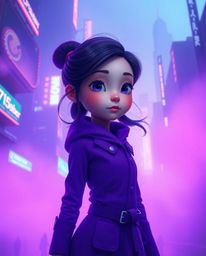 Immerse yourself in a futuristic city shrouded in thick fog and bathed in deep ultraviolet hues. This Pixar-like rendering fe