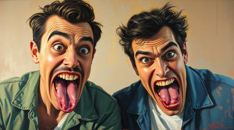 This artwork features a bold acrylic painting rendered with a soft, cinematic haze, capturing a hilarious gross-out comedy mo